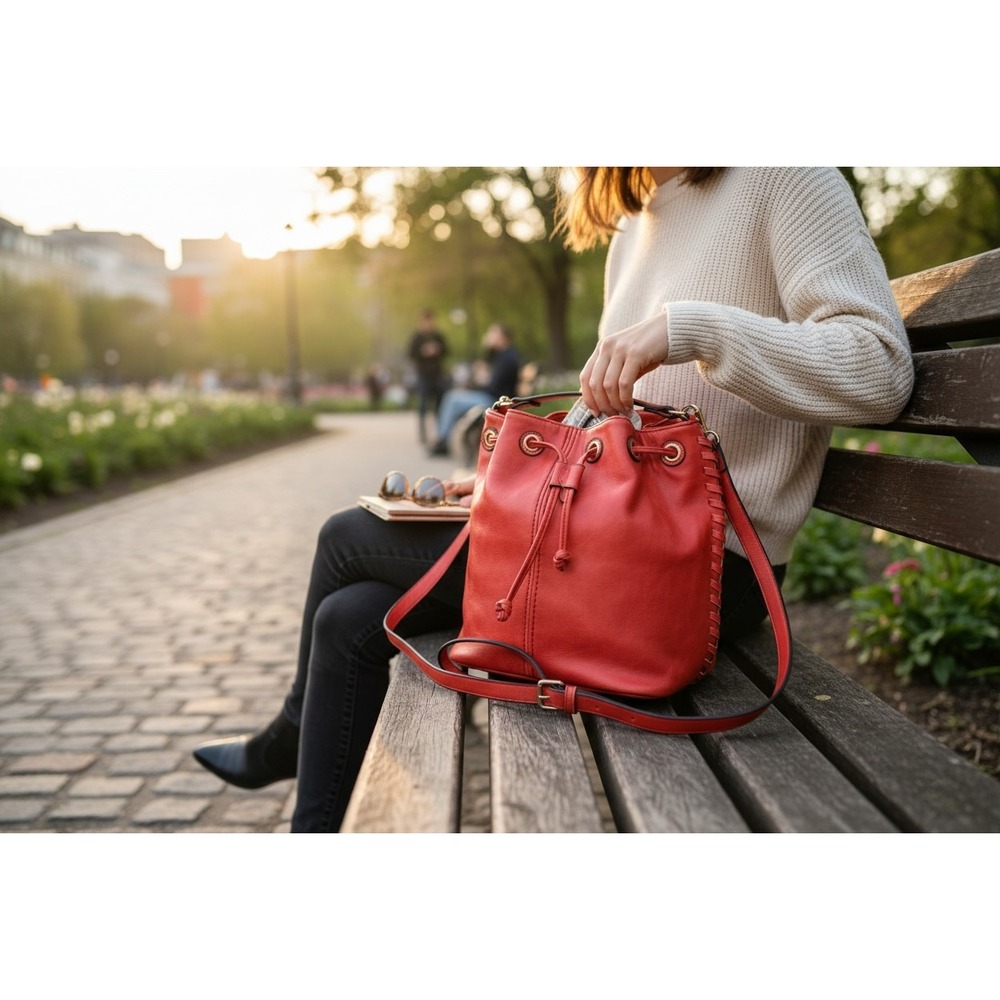 Isabelle Bucket Bag Womens OS Red NWT Vegan Leather Whipstitch Crossbody